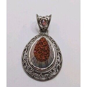 SAJEN Rainbow Pink Druzy Quartz Gemstone Pendant 925 Sterling Silver Jewelry